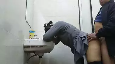 Wife in abroad fucked by office manager in washroom